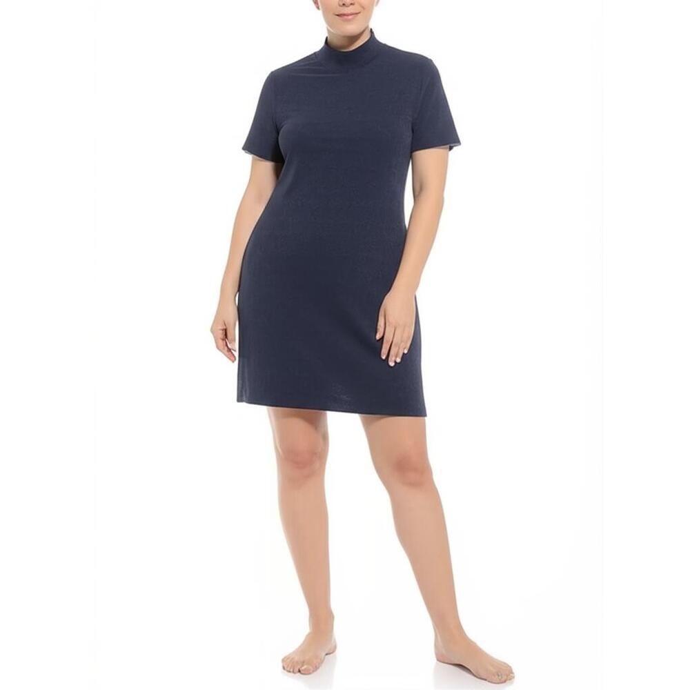 Simply Vera Wang Womens Medium Navy Blue Mock Neck Textured Dress Casual Chic